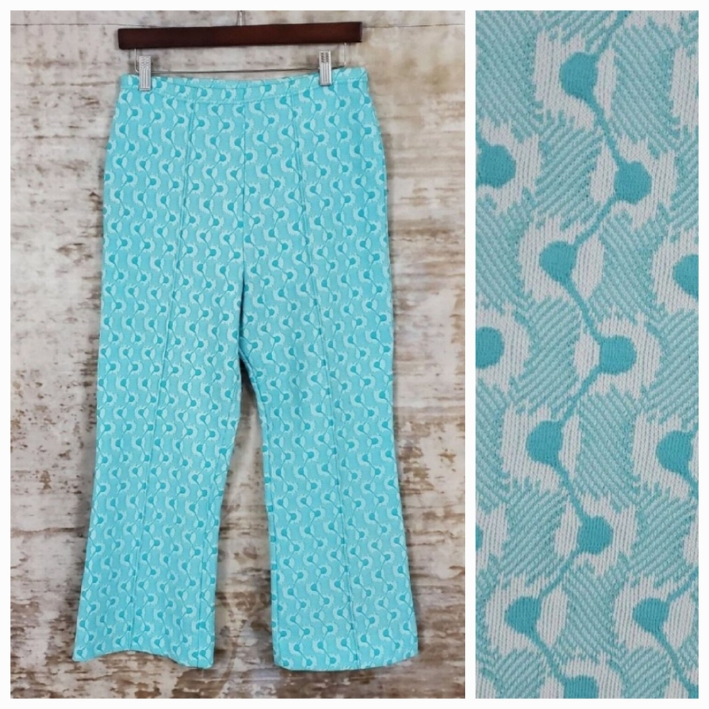Vintage 1960s Mod Pants S Kick Flare Ankle Crop High Rise VTG 60s Aqua Teal Blue